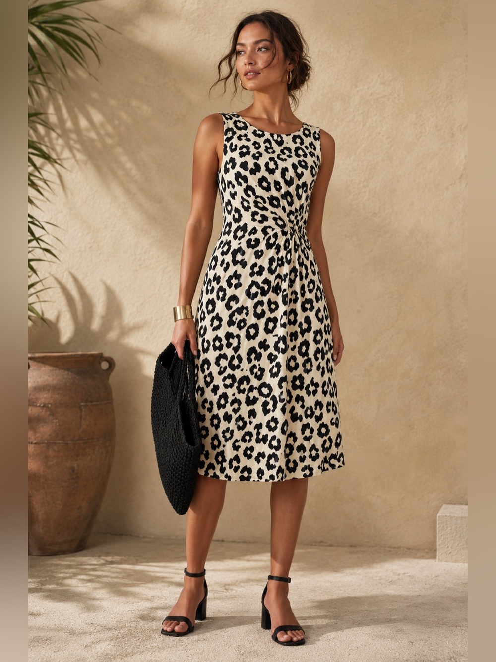 Ann Taylor LOFT Leopard Print Midi Dress Gathered Waist Sleeveless Medium